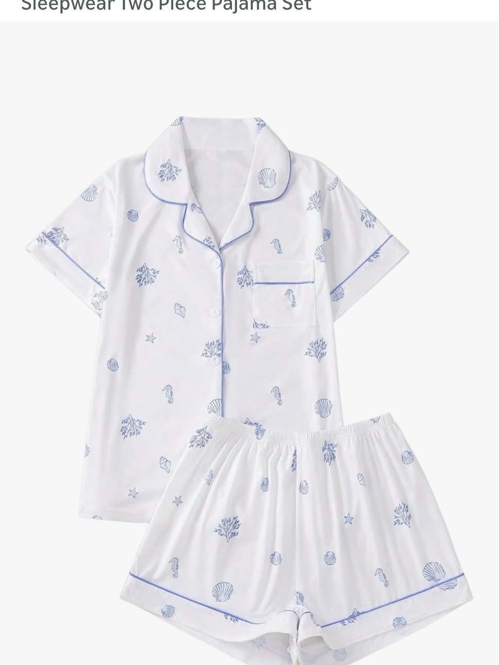 Short-Sleeve Shell-Print Pajama Set in White & Light Blue